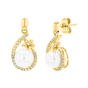 14k yellow gold pearl flower frame diamond earrings front and side view