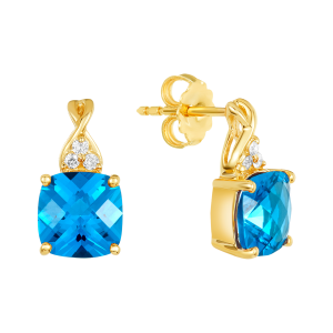 14K Yellow Gold Blue Zirconia Cushion Diamond Twist Drop Earrings
