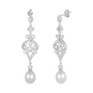 Silver Pearl Cubic Zirconia Fancy Drop Earrings