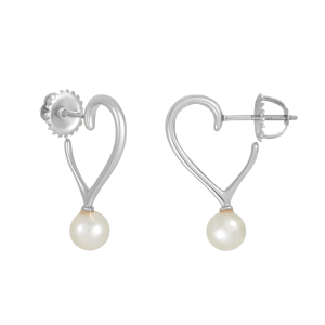14K White Gold Half Heart with Pearl Earrings