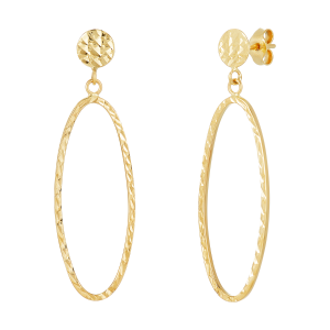 14k yellow gold diamond cut oval dangle earrings front and side view