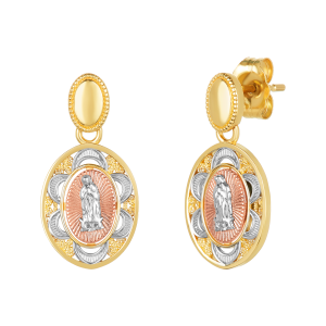 14K Gold Tri Color Lady of Guadalupe Religious Earrings