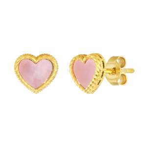 14k yellow gold pink pearl heart stud earrings front and side view