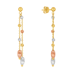 14k tri color gold dangling beads earrings front and side view