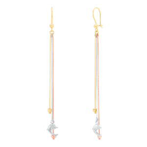 14k tri color dolphin dangle earrings front and side view
