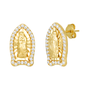 14K Yellow Gold Lady of Guadalupe Cubic Zirconia Stud Earrings
