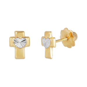 14k Yellow Gold Cross With Diamond Cut Heart Earrings 