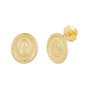 14k yellow gold oval lady of guadalupe children's earrings front and side view