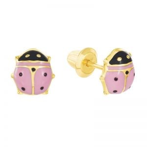 14k Yellow Gold Pink Lady Bug Children's Earrings