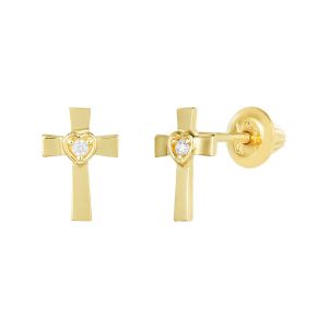 14K Yellow Gold Cross and Heart Baby Earrings