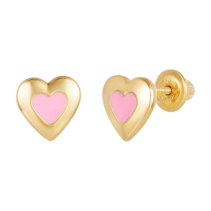 14K Yellow Gold Heart Pink Enamel Children's Earrings