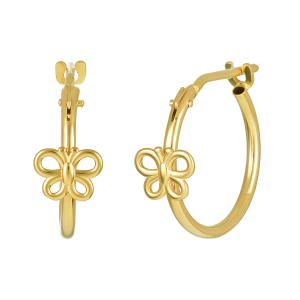 14k yellow gold high polish baby hoops with butterfly design front and side view