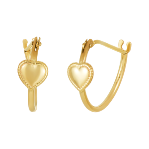 14k yellow gold high polish baby hoops with heart design front and back view