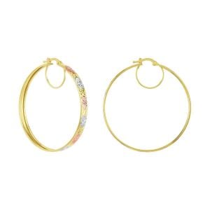 14k Gold Tri-Color 44mm Diamond Cut Star Pattern Hoop Earrings