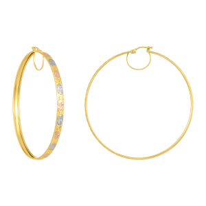 14K Gold Tri-Color 62mm Diamond Cut Star Pattern Hoop Earrings