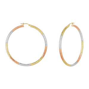 14K Tri Color Gold 55mm Diamond Cut Tube Hoop Earrings