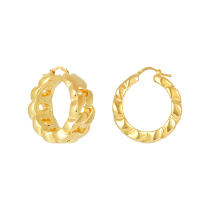 14k yellow gold 30mm wide cuban link design hoop earrings front and side view