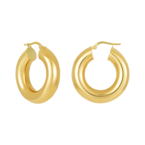 14k yellow gold 7x28mm bold hoop earrings front and side view