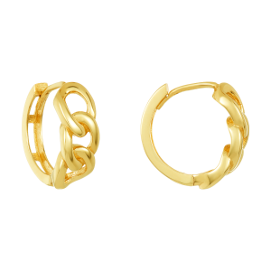 14k yellow gold link design huggie earrings front and side view
