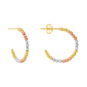 14k tri color gold beaded hoops front and side view