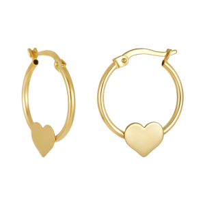 14k yellow gold engravable heart hoop earrings front and side view