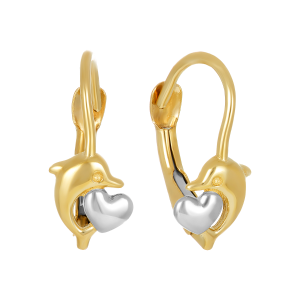 14k two tone dolphin heart huggie hoop earrings front and side view
