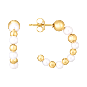 14K Yellow Gold Bead Pearl Open Hoop Earrings