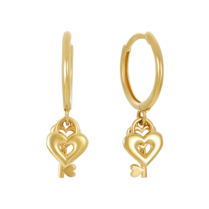 14k yellow gold heart & key hoop earrings front and side view