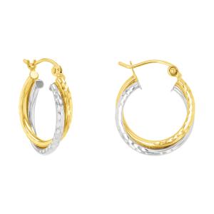 14k two tone gold interlocking diamond cut hoop earrings front and side view
