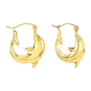 14k yellow gold small dolphin hoop earrings front and side view
