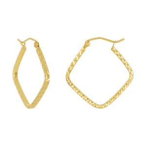 14k yellow gold square diamond cut hoop earrings front and side view