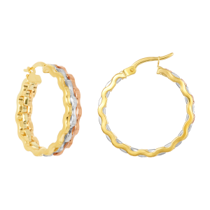 14K Tri Color Gold Triple Wave Hoop Earrings