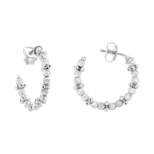 14K White Gold 21mm Diamond Cut Bead Open Hoop Earrings