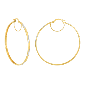14k two tone gold fancy diamond cut hoop earrings 46mm front and side view