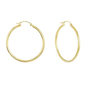 14k yellow gold 35mm plain high polish hoops front and side view