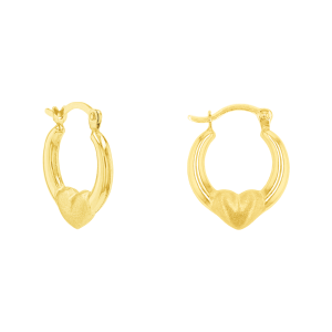 14K Yellow Gold Heart Satin Hoop Earrings