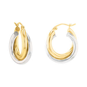 14k two tone gold double hoop earrings front and side view
