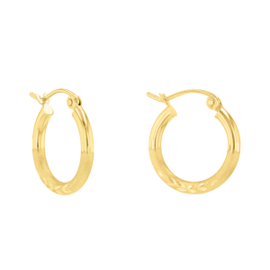 14k yellow gold 15mm satin finish tube hoops front and side view