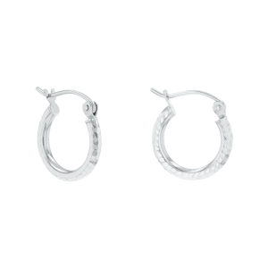 14k white gold 13mm diamond cut hoops front and side view