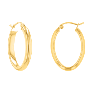14k yellow gold oval polished tube hoops front and side view