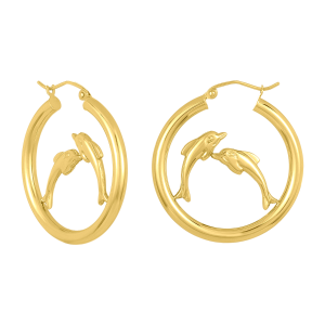 14K Yellow Gold Dolphin Tube Hoop Earrings