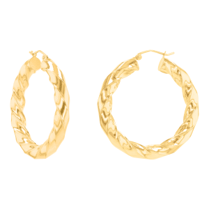 14k yellow gold high polish twist tube hoop earrings front and side view
