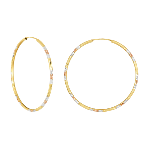 14k tri color gold 45mm endless hoop earrings front and side view