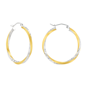 14K Two Tone Gold 30mm Twist Satin Diamond Cut Hoop Earrings