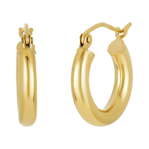 14k yellow gold high polish tube hoop earrings 3x16mm front and side view