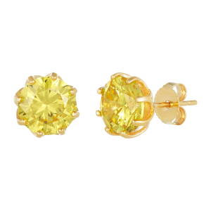 14k yellow gold citrine crown basket stud earrings front and side view