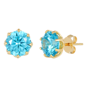 14k yellow gold blue zirconia crown basket stud earrings front and side view