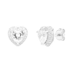 Silver Cubic Zirconia Domed Halo Heart Stud Earrings
