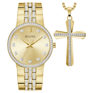Bulova Box Set Gold Tone Crystal Watch With Cross 