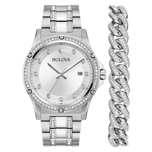 Bulova Crystal Watch and Pave Cuban Bracelet Box Set - 96K114